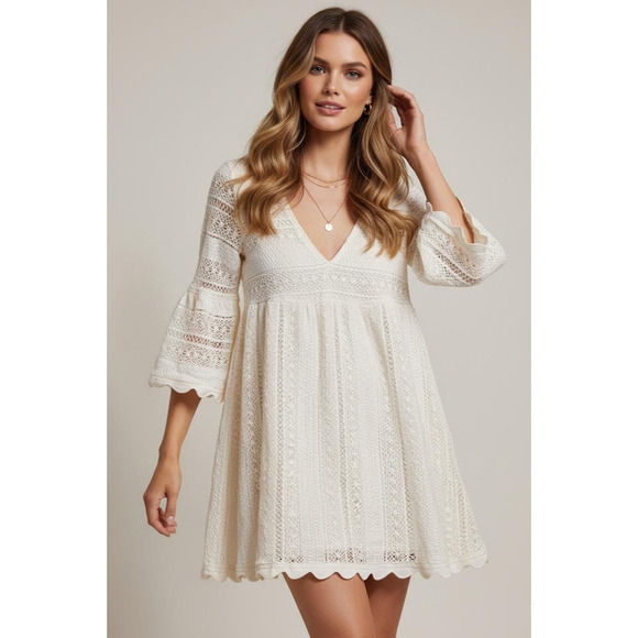 Pomander Place Tuckernuck Mini Dress Small Ivory Crochet Lace Bell Sleeve Boho - Picture 1 of 13